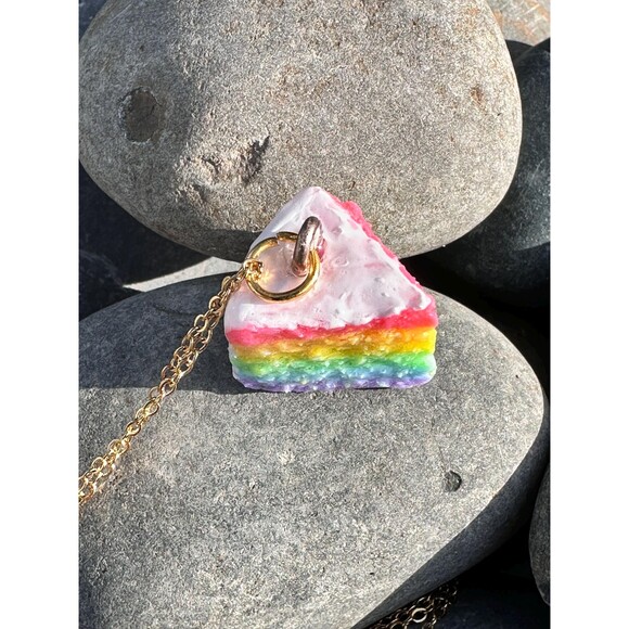 Handmade Rainbow Cake Slice Necklace , Polymer Clay Jewelry, Food Charm Necklace - Picture 3 of 4